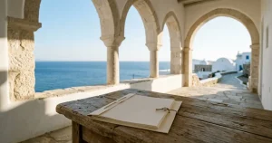 Γεωμετρική πέτρινη στοά με φάκελο εγγράφων πάνω σε τραπέζι
